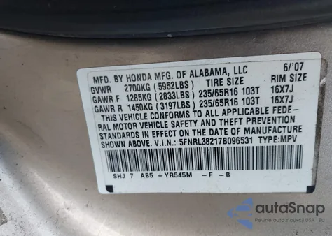 2007 Honda Odyssey Lx from USA, damaged, VIN 5FNRL38217B096531